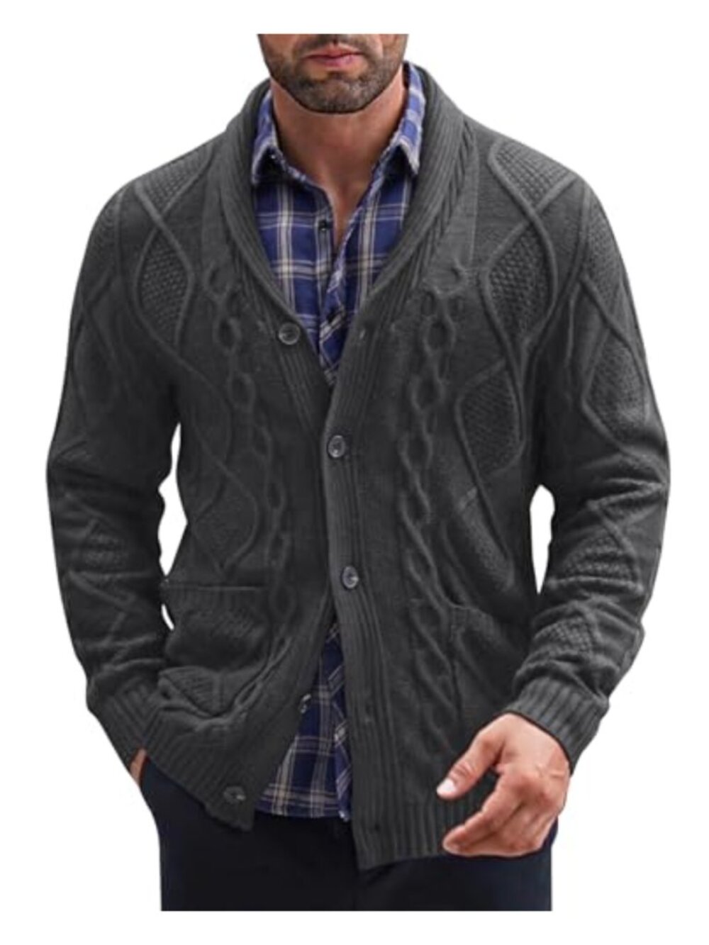 Men's Shawl Collar Cable Knit Cardigan Sweater Slim Fit Button Down